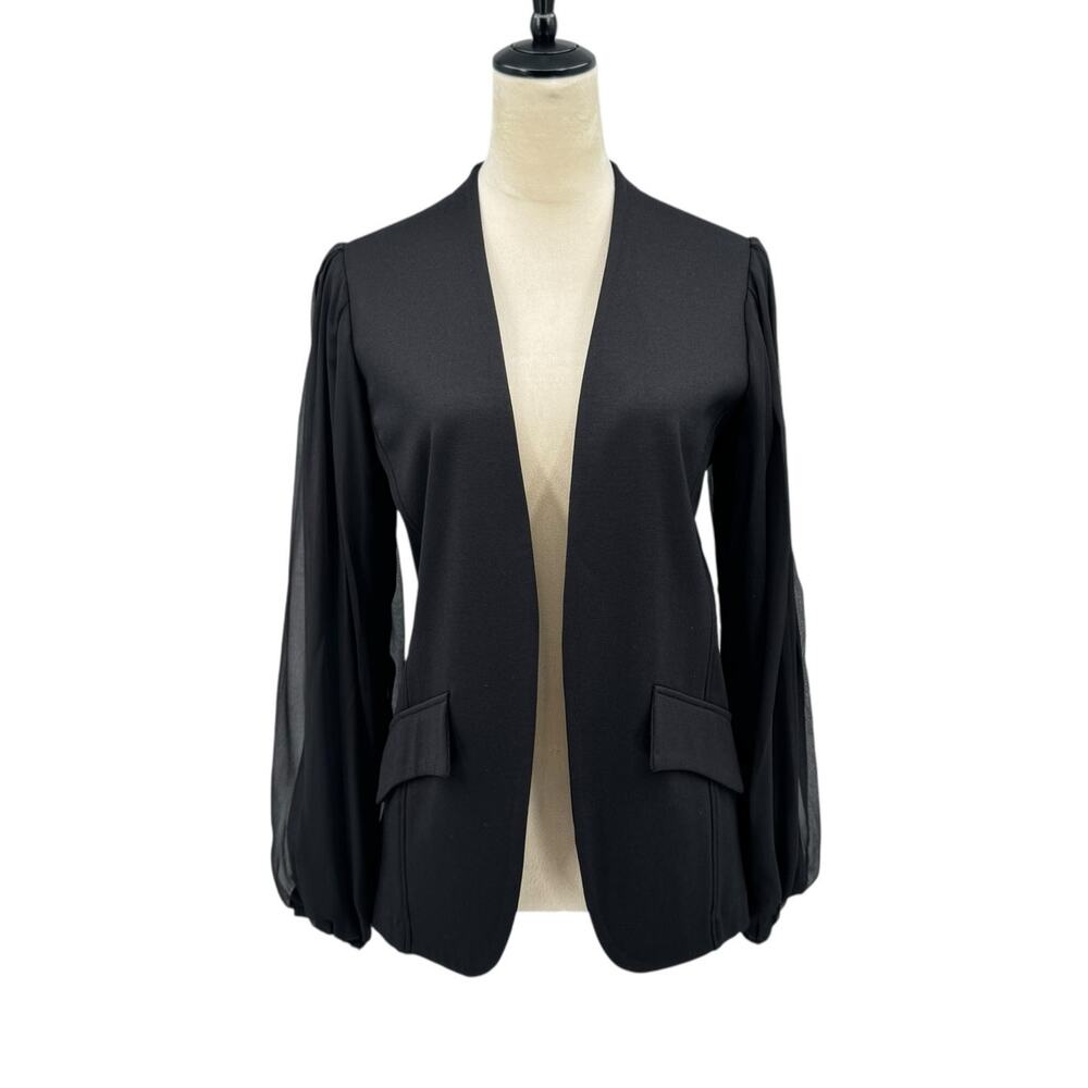 Lola & Sophie Black Ponte Knit Sheer Overlay Blouson Sleeve Open Blazer Jacket